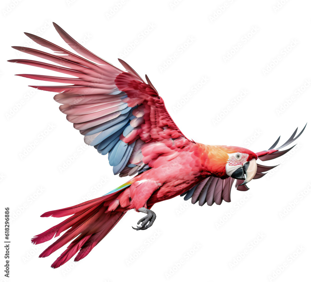 Obraz premium Flying macaw isolated on the transparent background PNG. AI generative.
