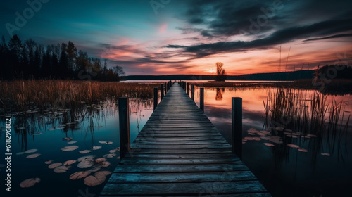 sunset on lake with a dock and trees  in the style of light cyan and dark brown  uhd image
