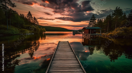 sunset on lake with a dock and trees, in the style of light cyan and dark brown, uhd image