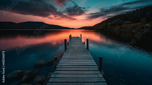 sunset on lake with a dock and trees  in the style of light cyan and dark brown  uhd image