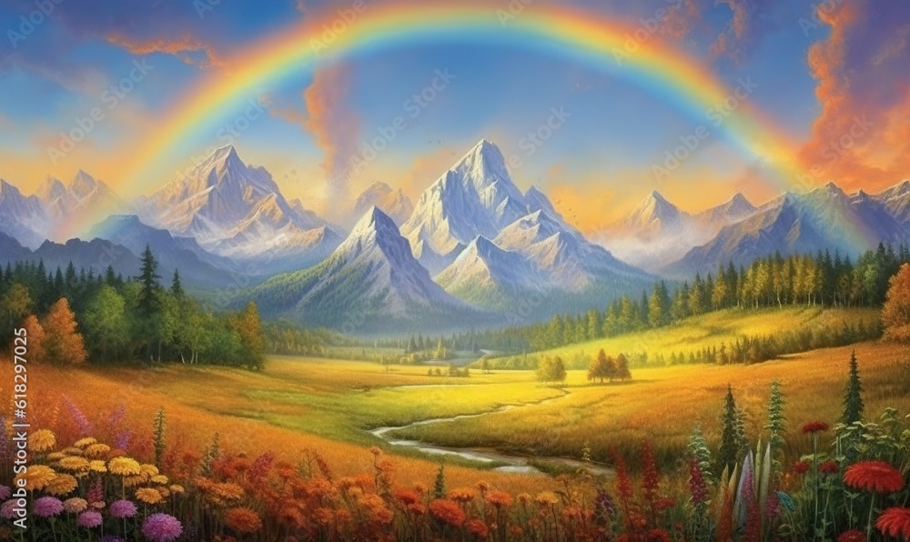  a painting of a rainbow in the sky over a mountain range with flowers and a stream in the foreground and a rainbow in the background.  generative ai