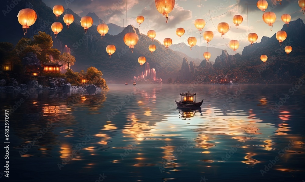  a boat floating on a lake surrounded by floating lanterns in the sky above a mountain range with a lake and a village in the foreground.  generative ai