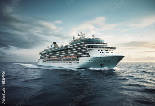 a cruise ship sailing on the water, in the style of light turquoise and silver © alex