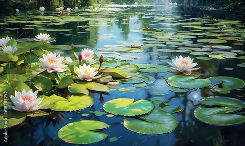  a painting of water lilies and lily pads in a pond with a waterfall in the background and trees in the background with leaves on the water. generative ai