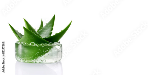 Green juicy aloe vera isolated on white background with copy space. Stylish composition for banner, business card, cover. Generative AI