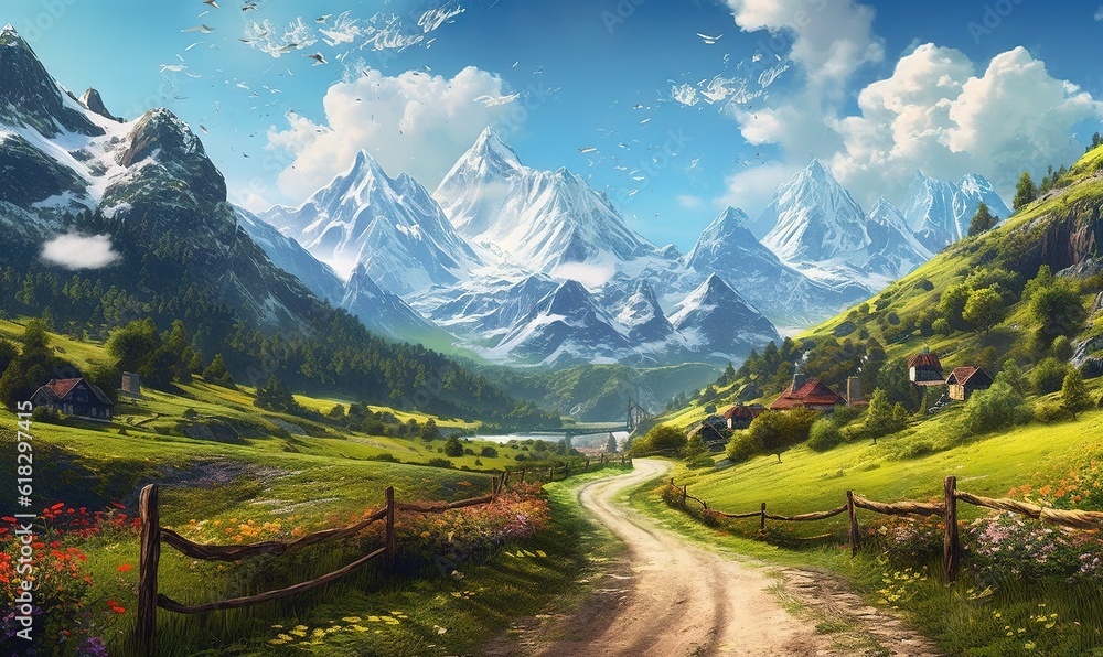  a painting of a mountain landscape with a dirt road leading to a small village with a mountain range in the distance and a lake in the foreground.  generative ai