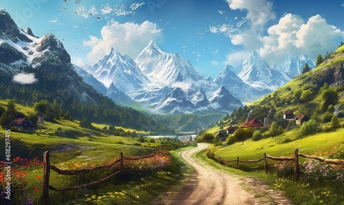  a painting of a mountain landscape with a dirt road leading to a small village with a mountain range in the distance and a lake in the foreground. generative ai © Olga