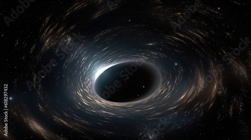 illustration of a supermassive black hole in space created with Generative AI technology.