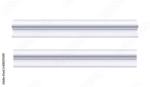 Ceiling cornice. White molding. Can be used to decorate any interior as an artistic element on house walls, ceilings, smooth surfaces. Realistic vector illustration isolated on white background.