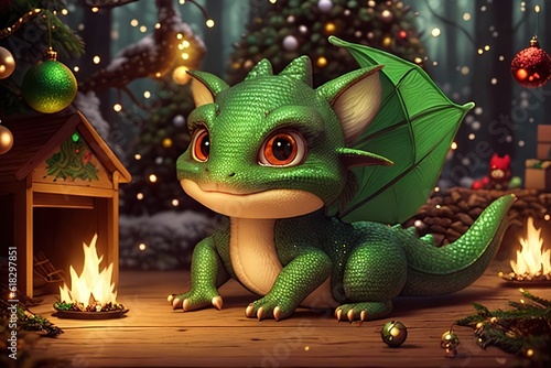   ute little dragon near the Christmas tree with festive decorations. Ai generative.