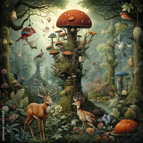 mushrooms and deer scene
