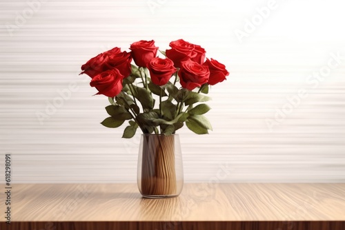 red roses in a vase with wooden desk AI Generated