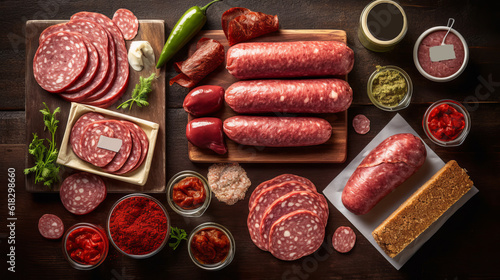 assorted meat sausages and grilled sausages. Assortment on a wooden board. Hearty calorie food. Generative AI 