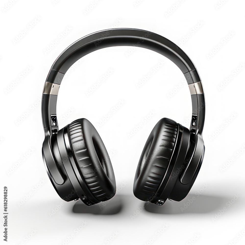 Black headphones isolated on white background, 3D style. AI generative. Black headphones isolated on white background, 3D style. AI generative.