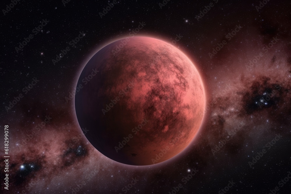 Obraz premium fictional planet with a red surface and atmosphere floating in space