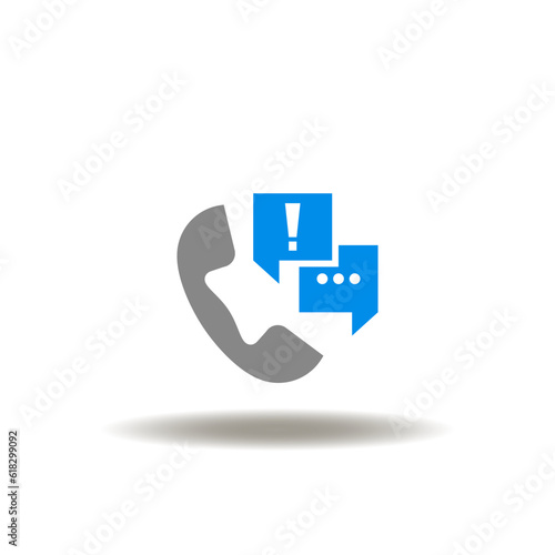 Vector illustration of handset phone and speech bubbles with exclamation mark. Icon of voice phishing. Symbol of vishing.