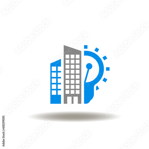 Vector illustration of skyscraper building and light bulb. Icon of CSR Corporate Social Responsibility.
