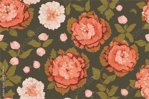 Seamless vector pattern with pink and white flowers
and small peony buds, green leaves. 
Floral background.