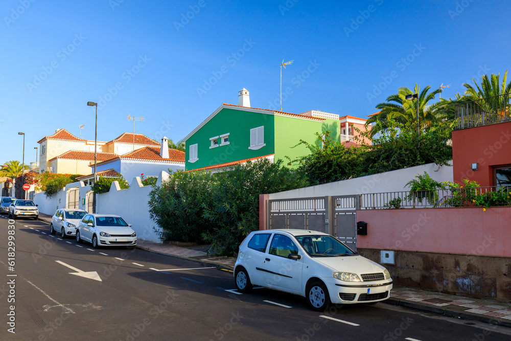Cars parked at the streets of El Sauzal in Tenerife, Spain