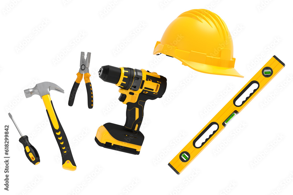 Flying view of yelllow construction tools for repair on white background Flying view of yelllow construction tools for repair on white background