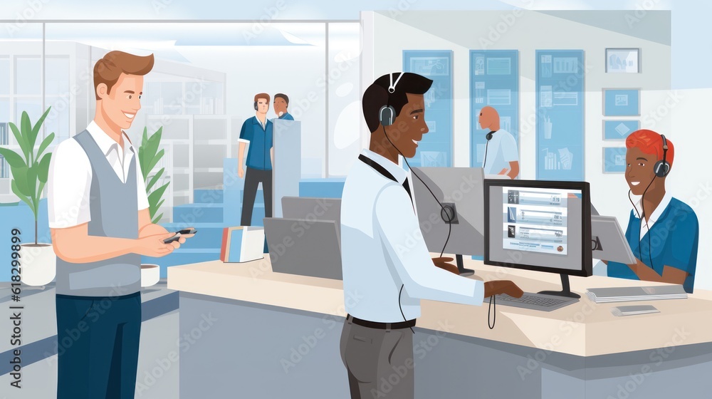 Illustrate a help desk scenario with IT professionals assisting users, troubleshooting technical issues, and providing support Illustrate a help desk scenario with IT professionals assisting users, troubleshooting technical issues, and providing support