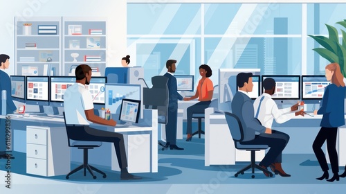 Illustrate a help desk scenario with IT professionals assisting users, troubleshooting technical issues, and providing support © Damian Sobczyk