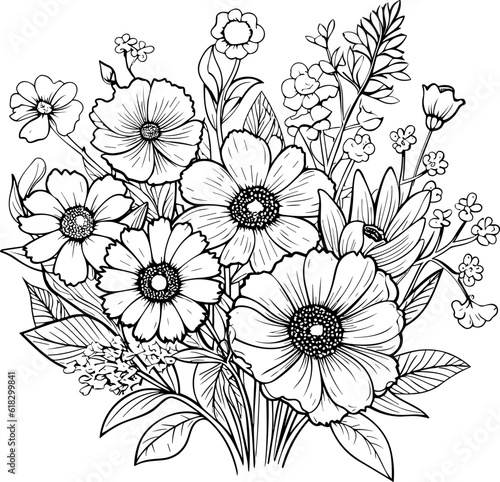 Flowers line art vector illustration set isolated on white. Flower black ink sketch. Modern minimalist hand drawn design.