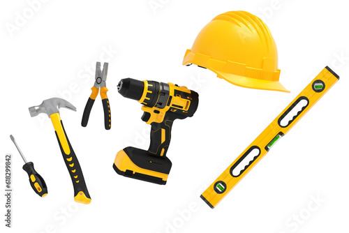 Flying view of yelllow construction tools for repair on white background