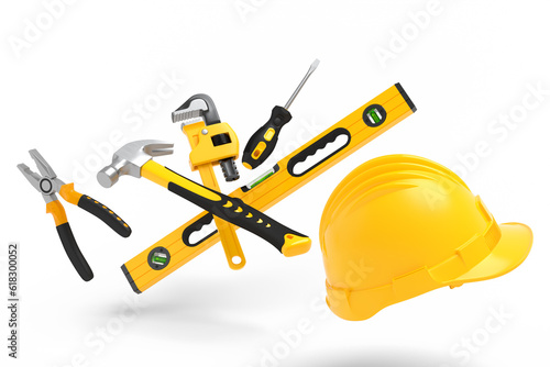 Flying view of yelllow construction tools for repair on white background © boule1301