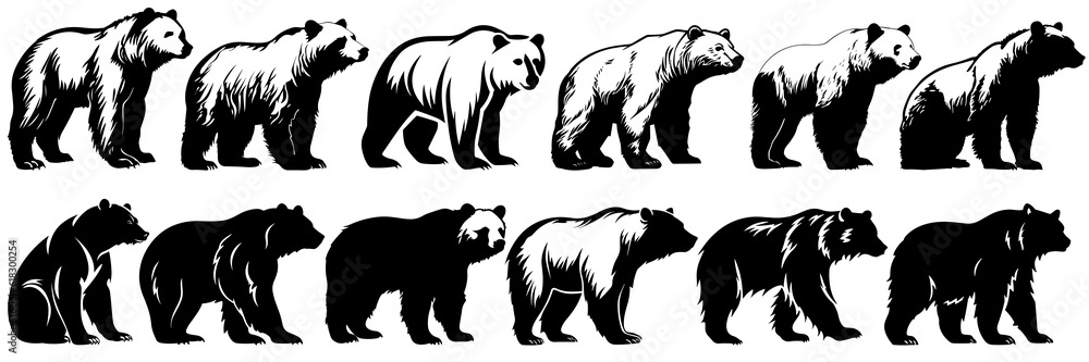 Bear silhouettes set, large pack of vector silhouette design, isolated white background Bear silhouettes set, large pack of vector silhouette design, isolated white background
