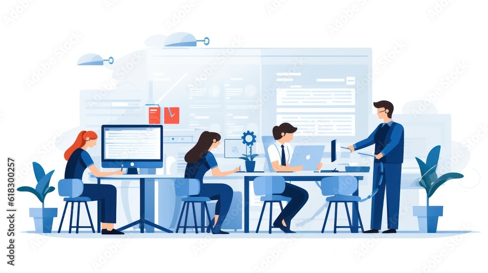 Illustrate a help desk scenario with IT professionals assisting users, troubleshooting technical issues, and providing support Illustrate a help desk scenario with IT professionals assisting users, troubleshooting technical issues, and providing support