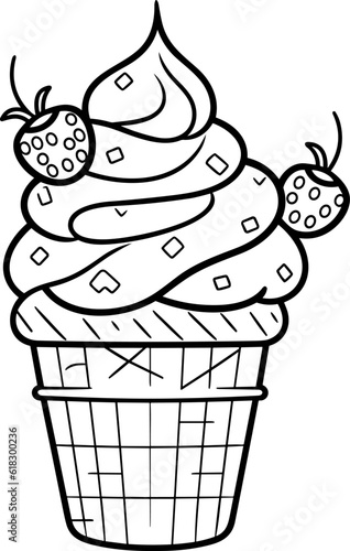 Ice cream cone black and white line art icon. Coloring book page for adults and kids. Summer fast food vector illustration for gift card, flyer, certificate or banner, icon, logo, patch, sticker