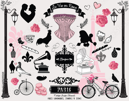 Photo Set of vintage romantic symbols and icons illustrating Paris, France
