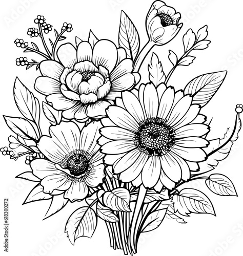 Flowers line art vector illustration set isolated on white. Flower black ink sketch. Modern minimalist hand drawn design.