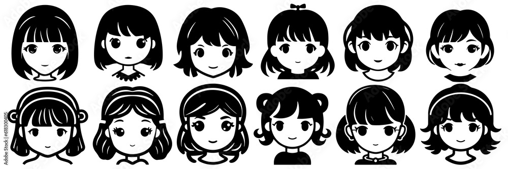 Kawaii girl silhouettes set, large pack of vector silhouette design, isolated white background Kawaii girl silhouettes set, large pack of vector silhouette design, isolated white background