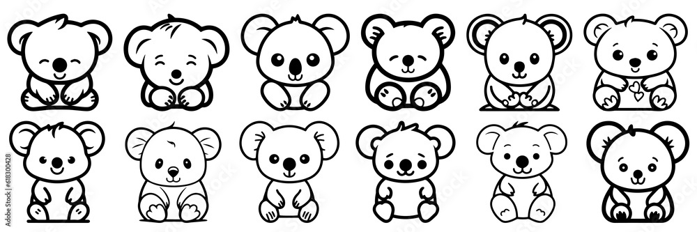 Obraz premium Kawaii koala silhouettes set, large pack of vector silhouette design, isolated white background