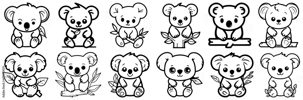 Obraz premium Kawaii koala silhouettes set, large pack of vector silhouette design, isolated white background