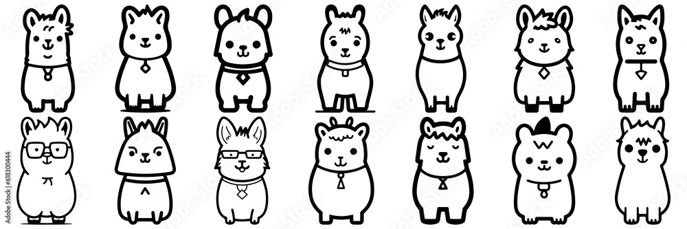 Obraz premium Kawaii llama alpaca silhouettes set, large pack of vector silhouette design, isolated white background