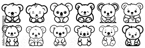 Kawaii koala silhouettes set, large pack of vector silhouette design, isolated white background