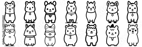 Kawaii llama alpaca silhouettes set, large pack of vector silhouette design, isolated white background