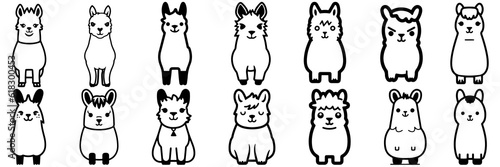 Kawaii llama alpaca silhouettes set, large pack of vector silhouette design, isolated white background
