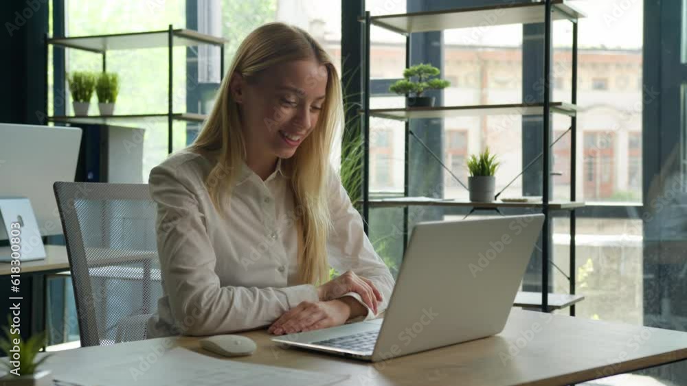Smiling Caucasian woman talk video call on laptop female girl student studying e-learning online class cheerful businesswoman negotiate business consultation virtual conference communicate remote chat Smiling Caucasian woman talk video call on laptop female girl student studying e-learning online class cheerful businesswoman negotiate business consultation virtual conference communicate remote chat