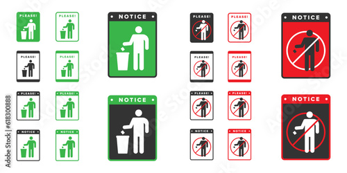 Trash icon design vector green and red color, icon board people throw trash in its place and people are prohibited from littering