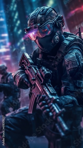 futuristic cyberpunk neon soldiers in military uniform with weapon, generated AI © goami