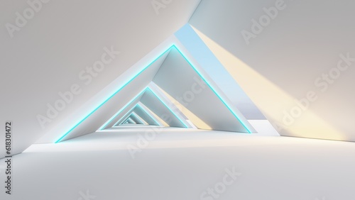 Futuristic interior background lamps glowing in gray tunnel 3d render