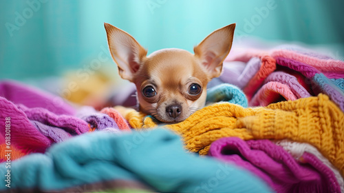 generative ai illustration of a cute chihuahua on pastel colored blanket