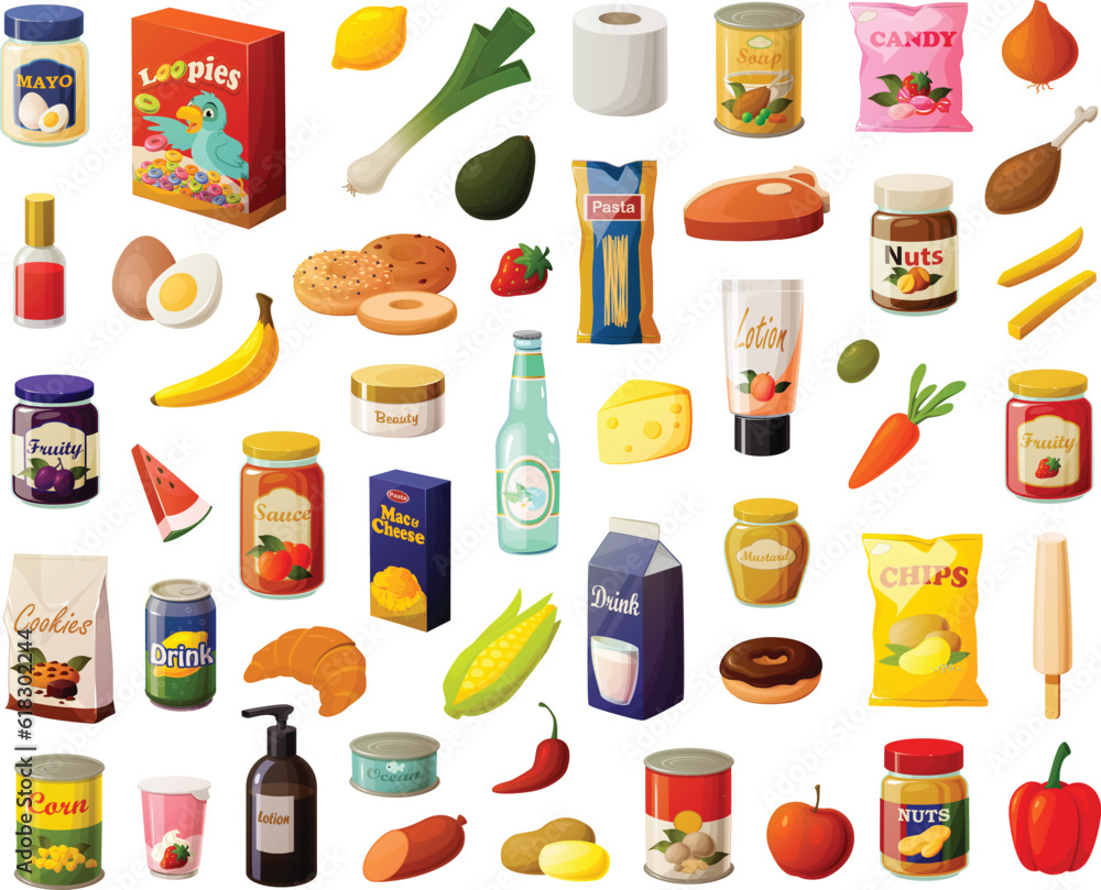 Cute vector illustration of various shopping or grocery items from the  supermarket such as fruits and vegetables, canned goods for the pantry,  snacks and beauty supplies. Stock Vector