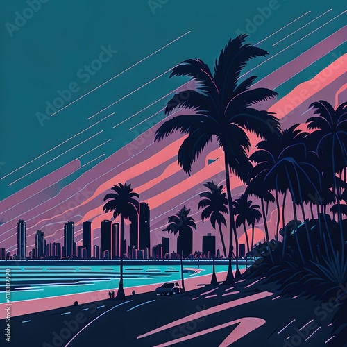 palm and sea at night. summer vacation, tropical beach, palm trees and palm. vector illustration
