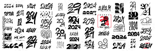 Mega collection logos 2024 year. Set of handwriting 56 unique logos 2024 numbers. Vector symbols decoration. Christmas trend design template with black labels for business, decoration, printing.