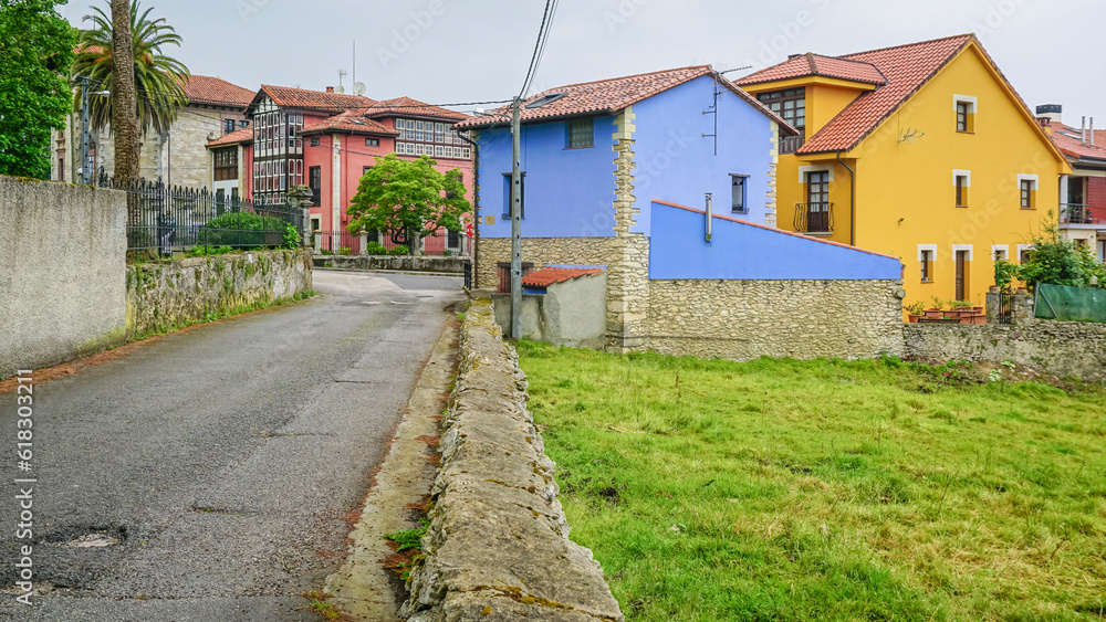 Panoramic of the town of Colombres with its colored buildings